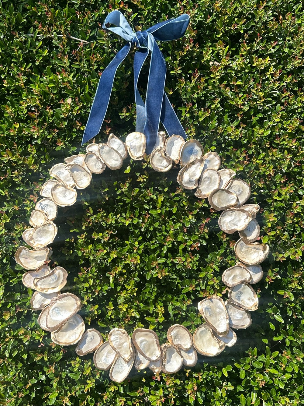 Hand Crafted Oyster Shell Wreath with Blue Velvet Ribbon
